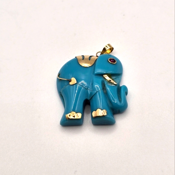 14k Yellow Gold Estate turquoise Purple Gemstone Eye Elephant Pendant *repaired* - Picture 1 of 3